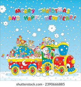 Funny snowman driving a toy retro train with a steam locomotive and a trailer full of holiday gifts, toys and sweets, vector cartoon illustration