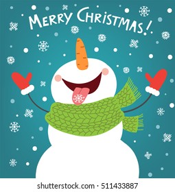 Funny Snowman Enjoying The Snowflakes. Christmas Card Illustration