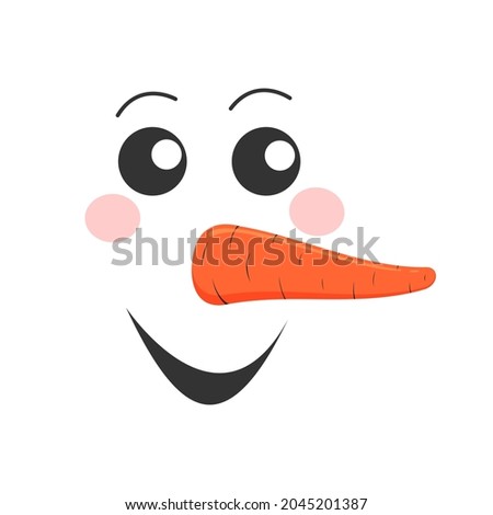Funny snowman face. Cute snow man head with smling mouth and carrot nose. Winter holidays design. Vector cartoon illustration.