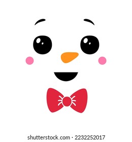 Funny snowman face on white background. Snowman head with red bow. Christmas decoration. Cartoon flat style vector illustration.