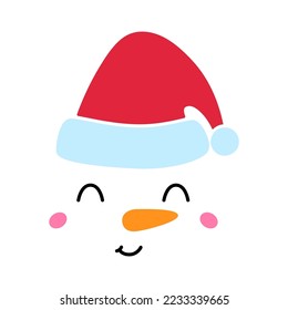 Funny snowman face with red hat. Christmas decoration. Cartoon snowman head on white background. Flat style vector illustration.