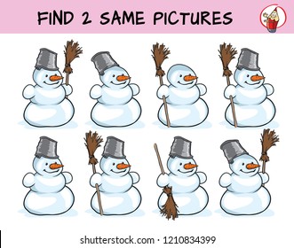 Funny snowman. Find two same pictures. Educational matching game for children. Cartoon vector illustration