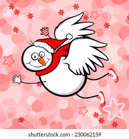 funny snowman flying on red pattern