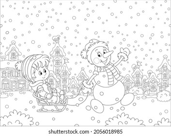 Funny snowman friendly smiling, waving its hand in greeting and sledding a happy little boy down a snow-covered street of a pretty small town on a beautiful winter day, vector cartoon