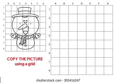 funny snowman game. Vector illustration of grid copy puzzle with happy cartoon snowman for children