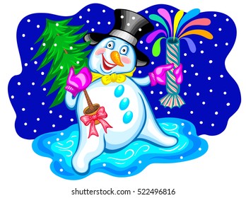 Funny snowman with gift. Christmas vector illustration