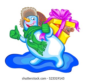 Funny snowman with gift. Christmas vector illustration