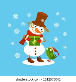 Funny snowman with gift and little bird, vector illustration, Cartoon character, Christmas greeting card, winter design, concept of happy holiday