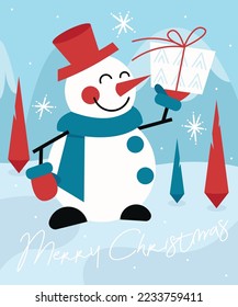 Funny snowman with a gift. Merry Christmas card. Vector illustration.