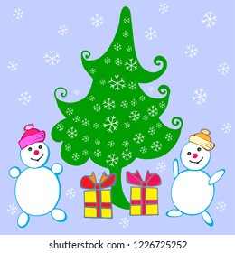 Funny snowman with gifts near the Christmas tree. Christmas background. Vector graphics.