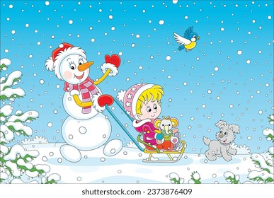 Funny snowman and a happy cute little girl with a toy baby elephant walking and playing with a merry pup and a small bird on a snowy winter day, vector cartoon illustration