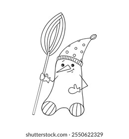 Funny Snowman in a hat with a broom in his hand. Excellent design of a New Year s card. Coloring for children.