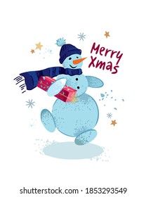 Hombre de nieve gracioso con sombrero y bufanda con un regalo aislado en un fondo blanco. Merry xmas lettering. Tarjeta de saludo de Año Nuevo. Decoración navideña para los niños. Imprimir en tela. Ilustración vectorial de dibujos animados.