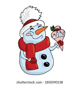 Funny funny snowman in a hat and scarf holding ice cream .Vector children's illustration on a white isolated background for banners, postcards and stickers