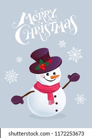 Funny snowman in hat, scarf and mittens on snowy background.  Merry Christmas vector illustration.