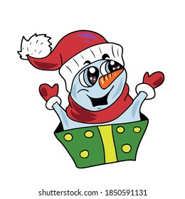 Funny funny snowman in a hat and scarf POPs out of the box .Vector children's illustration on a white isolated background for banners, postcards and stickers