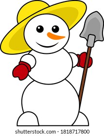 Funny snowman with a hat and a shovel. Vector illustration on a white isolated background.