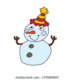 Funny snowman in a hat.Vector children's design for greeting cards, banners.Sticker