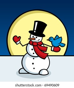 Funny snowman hold the dove.