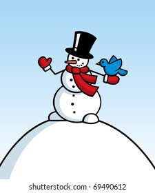 Funny snowman hold the dove.