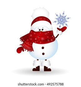 funny Snowman holding a blue snowflake isolated on white background. vector cartoon illustration.