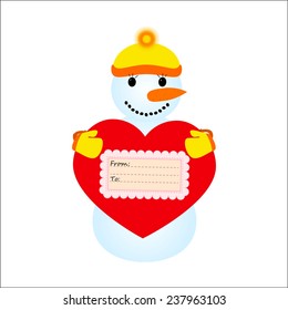 Funny snowman holding a heart on a white background