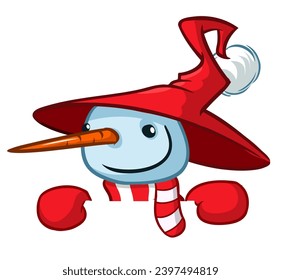 Funny snowman holding white page. Greeting Christmas card, vector illustration isolated