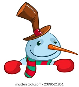 Funny snowman holding white page. Greeting Christmas card, vector illustration isolated