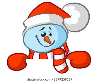 Funny snowman holding white page. Greeting Christmas card, vector illustration isolated