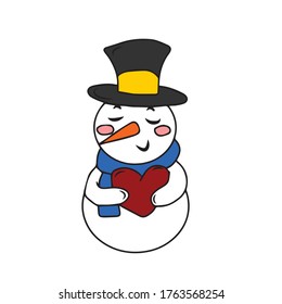Funny snowman holds the heart .Vector children's design for greeting cards, banners.