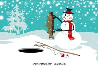 Funny Snowman Ice Fishing Vector