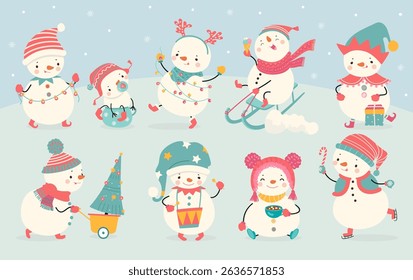 Funny snowman. Joyful snowmen sledding and skating, holding gifts and garlands. Winter mascots prepare to christmas and new year, nowaday vector set