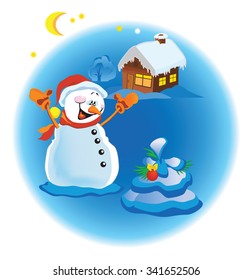 Funny snowman laughing in winter evening