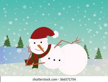 Funny snowman lie and  smiles on the snowy background with trees