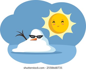 
Funny Snowman Melting when Sun Shines in Springtime Vector Illustration. Awkward friendship between frosty and the sun 
