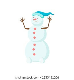 Funny funny snowman with a nose in the form of a carrot. Symbol of the year of the year.