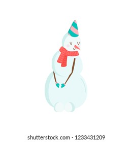 Funny funny snowman with a nose in the form of a carrot. Symbol of the year of the year.