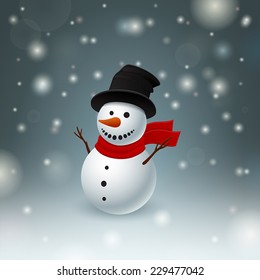 Funny snowman on dark background with snow