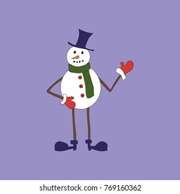 Funny snowman on purple background. cute cartoon snowman in black hat, in red mittens and in green scarf. Isolated element. Vector illustration.