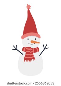 Funny snowman with parchment character greeting. Snowman head and scroll with text. Vector illustration in flat style