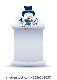 Funny snowman with parchment character greeting. Snowman head and scroll with text. Vector illustration in flat style