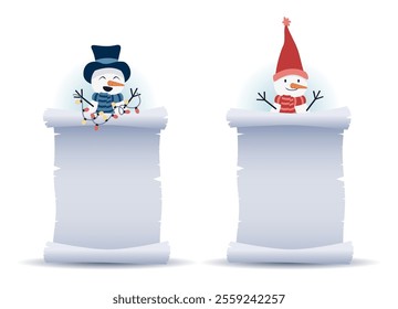 Funny snowman with parchment character greeting. Snowman head and scroll with text. Vector illustration in flat style