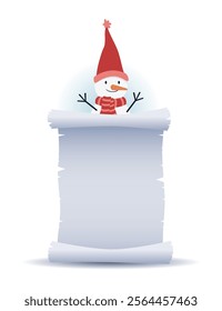 Funny snowman with parchment character greeting. Snowman head and scroll with text. Vector illustration in flat style