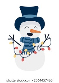 Funny snowman with parchment character greeting. Snowman head and scroll with text. Vector illustration in flat style