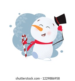 Funny snowman poster design. Drawing of snowman in black cylinder hat holding candy cane. Can be used for topics like Christmas, holiday, festival, cartoon