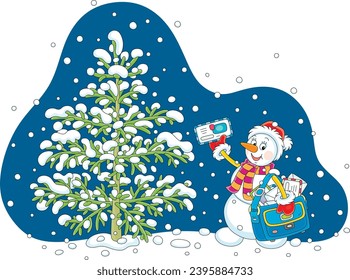 Funny snowman postman friendly smiling and waving in greeting with letters from little children to Santa Claus near a snow-covered green Christmas tree, vector cartoon illustration