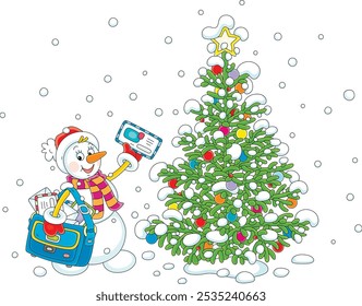 Lustiger Schneemann Postbote freundlich lächelnd und winkend im Gruß mit Briefen von kleinen Kindern an den Weihnachtsmann in der Nähe eines schneebedeckten grünen Weihnachtsbaums, Vektorgrafik auf weiß