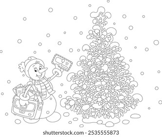 Funny snowman postman friendly smiling and waving in greeting with letters from little children to Santa Claus near a snow-covered Christmas tree, black and white vector cartoon illustration