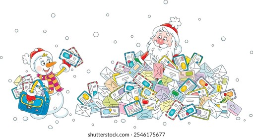 Funny snowman postman and Santa Claus in a heap of envelopes with letters and postcards from little children, vector cartoon illustration on white