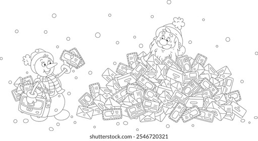 Funny snowman postman and Santa Claus in a heap of envelopes with letters and postcards from little children, black and white outline vector cartoon illustration for a coloring book